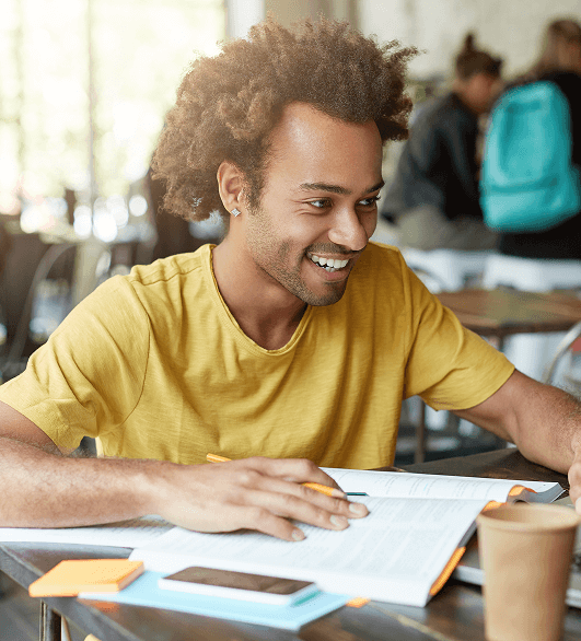Happy student with curly hair